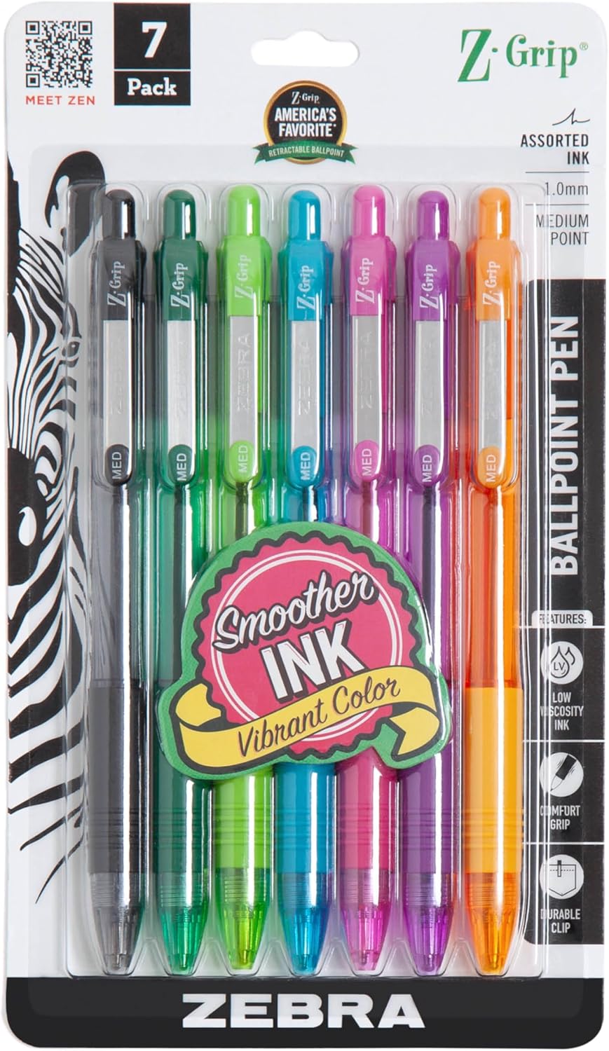 Zebra Pen Z-Grip Retractable Ballpoint Pen, Smooth-Flowing Black Ink, 1.0mm Medium Point, School & Office Supplies, Ideal for Note-Taking, Journal and Planner Use, 18-Pack (22218)