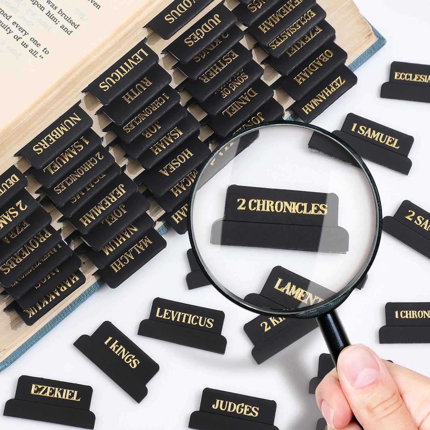 Laminated Bible Tabs, Gold Foil Embossed Lettering Bible Chapter Index Tabs for Women Men, Reposition Large Print Sticky Labels, Easy to Read and Apply, 105Chapters Labels for Easy Navigation (Black)