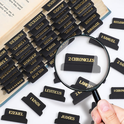 Laminated Bible Tabs, Gold Foil Embossed Lettering Bible Chapter Index Tabs for Women Men, Reposition Large Print Sticky Labels, Easy to Read and Apply, 105Chapters Labels for Easy Navigation (Black)