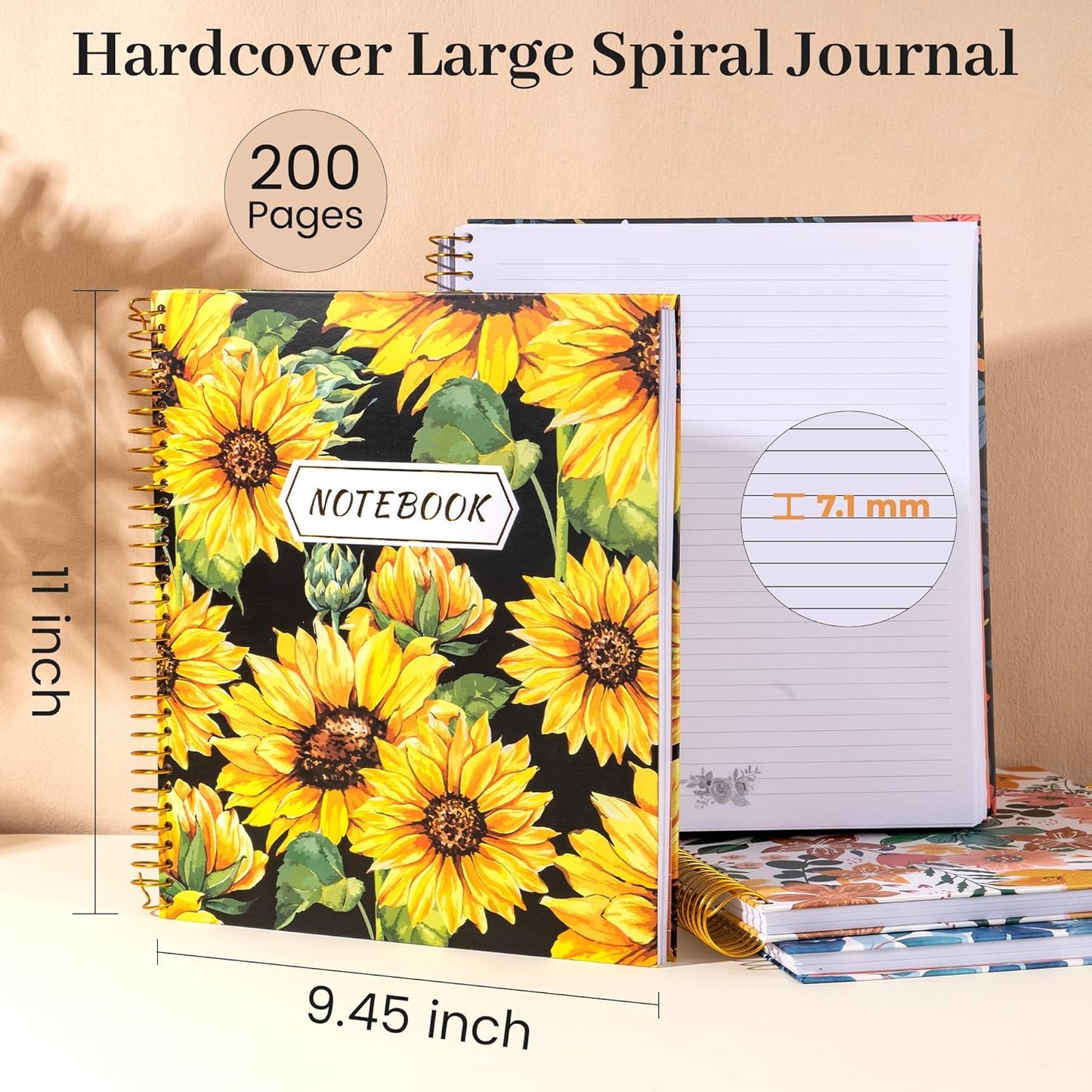 CAGIE Spiral Notebook Journal 8.5 x 11 Hardcover Notebooks College Ruled with Large Pockets Aesthetic Floral Note Book Spiral Bound Notebooks for Work Note Taking Women Writing School, 200 Pages