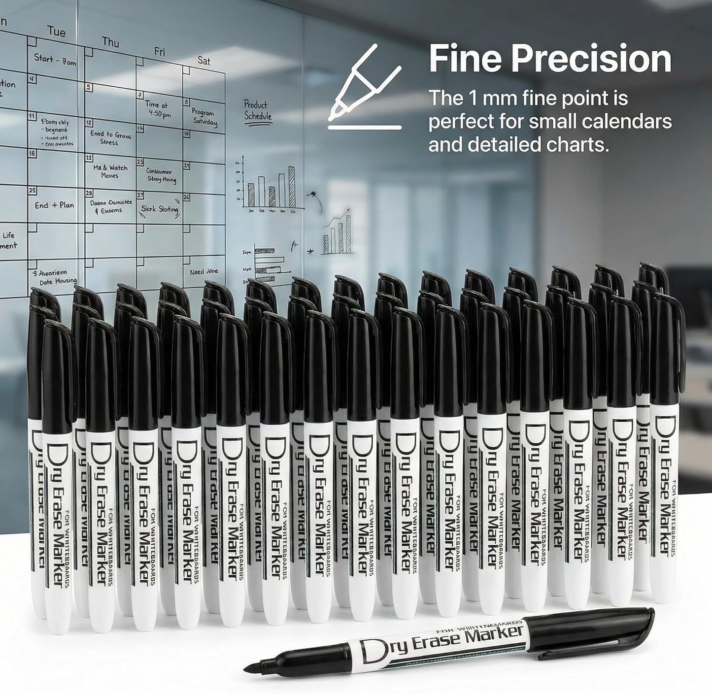 Volcanics Black Dry Erase Markers Low Odor Fine Whiteboard Markers Thin Box of 30