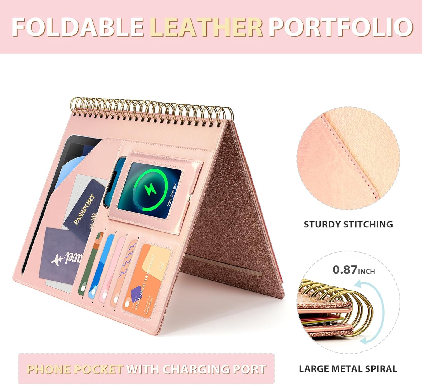 Ospelelf Clipboard with Storage for Women, Leather Padfolio Portfolio Organizer 5 Folders with 10 Pockets, Spiral Clipboard Folio with Notepad for Letter Size, Elastic Closure and Pen Loop Floral