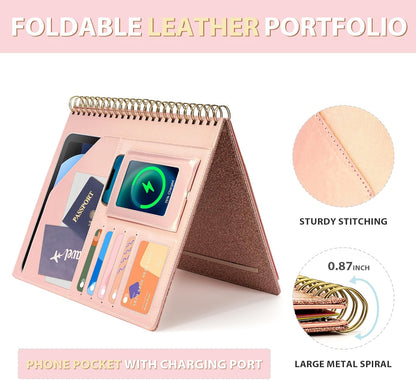 Ospelelf Clipboard with Storage for Women, Leather Padfolio Portfolio Organizer 5 Folders with 10 Pockets, Spiral Clipboard Folio with Notepad for Letter Size, Elastic Closure and Pen Loop Floral
