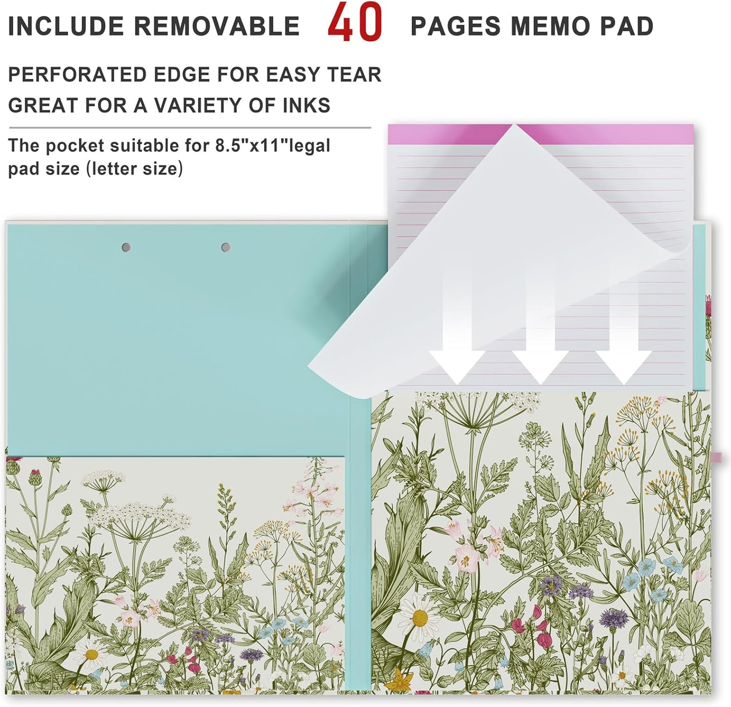 Clipboard Folio with Refillable Lined Notepad, Low Profile Clip and Interior Storage Pocket, Cute Clipboard Folder Design for Students, Office, School, Nurse (Garden Flowers+Stay Positive)