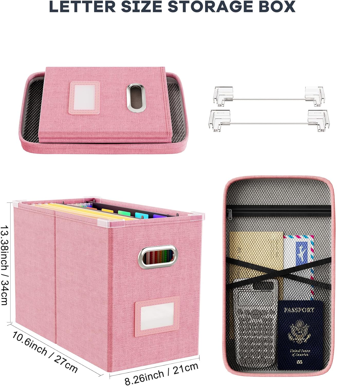 Oterri File Organizer Box with Lid, Hanging Filing File Box with Mesh Pocket, Document Organizer Box for Letter Files, Portable Storage Box with Smooth Sliding Rail for Office&Home (1 PCS, Beige)