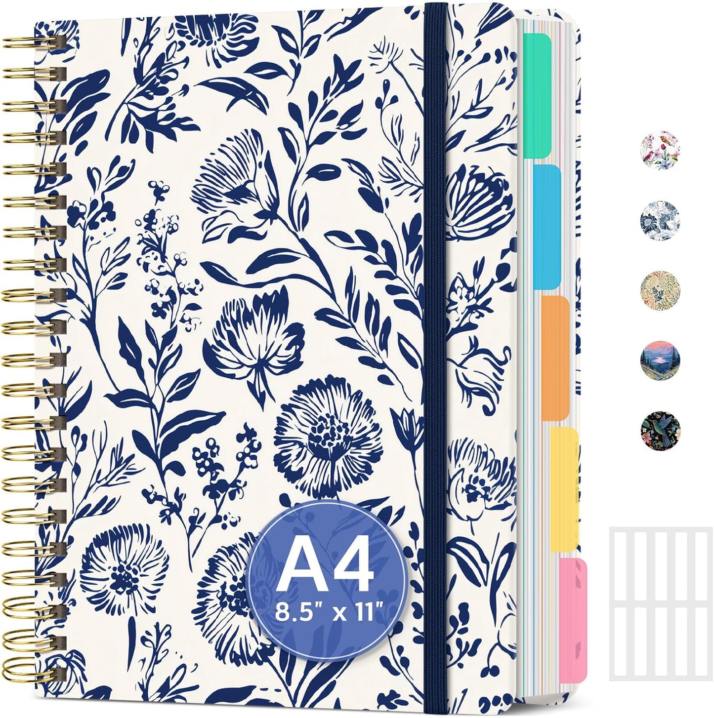 Large Lined Spiral Journal for Women Cute Hardcover 5 Subject Notebook for Work 8.5" x 11" with Removable Dividers & Tabs, College Ruled, 280 Pages Aesthetic Journal for Work, School & Note Taking, Garden of Whimsy