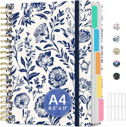 Large Lined Spiral Journal for Women Cute Hardcover 5 Subject Notebook for Work 8.5" x 11" with Removable Dividers & Tabs, College Ruled, 280 Pages Aesthetic Journal for Work, School & Note Taking, Garden of Whimsy