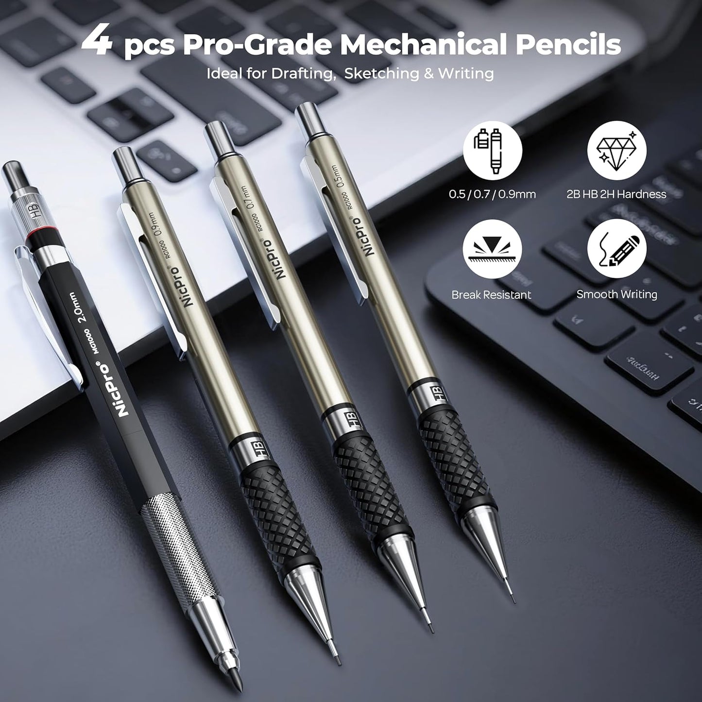 Nicpro 16PCS Drafting Tools with 12‘’ Aluminum Architectural Scale Ruler, Mechanical Pencils 0.5, 0.7, 0.9 & 2mm, Lead Refills, 2 Pack Graph Paper, Geometry Drawing Kit for Engineers Students Design