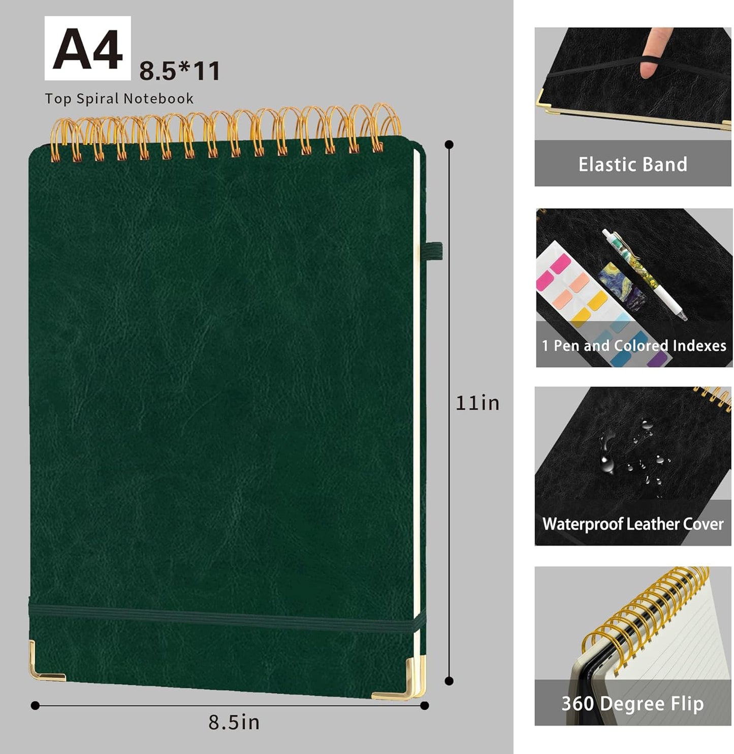 Top Spiral Notebook 8.5x11, A4 Large Leather Hardcover Top Bound Steno Pads, 240 Pages 100gsm Thick Lined Paper,Wide Ruled,Left Handed Notebook Journal for Work, School - Black