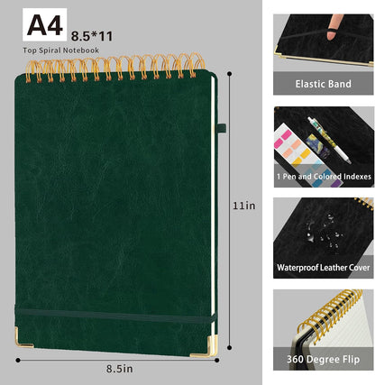 Top Spiral Notebook 8.5x11, A4 Large Leather Hardcover Top Bound Steno Pads, 240 Pages 100gsm Thick Lined Paper,Wide Ruled,Left Handed Notebook Journal for Work, School - Black