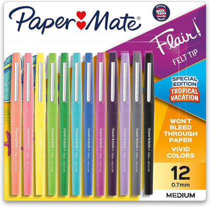 Paper Mate Flair Felt Tip Pens, Medium Point (0.7mm), Special Edition Retro Accents, 12 Count - Fun Office Supplies