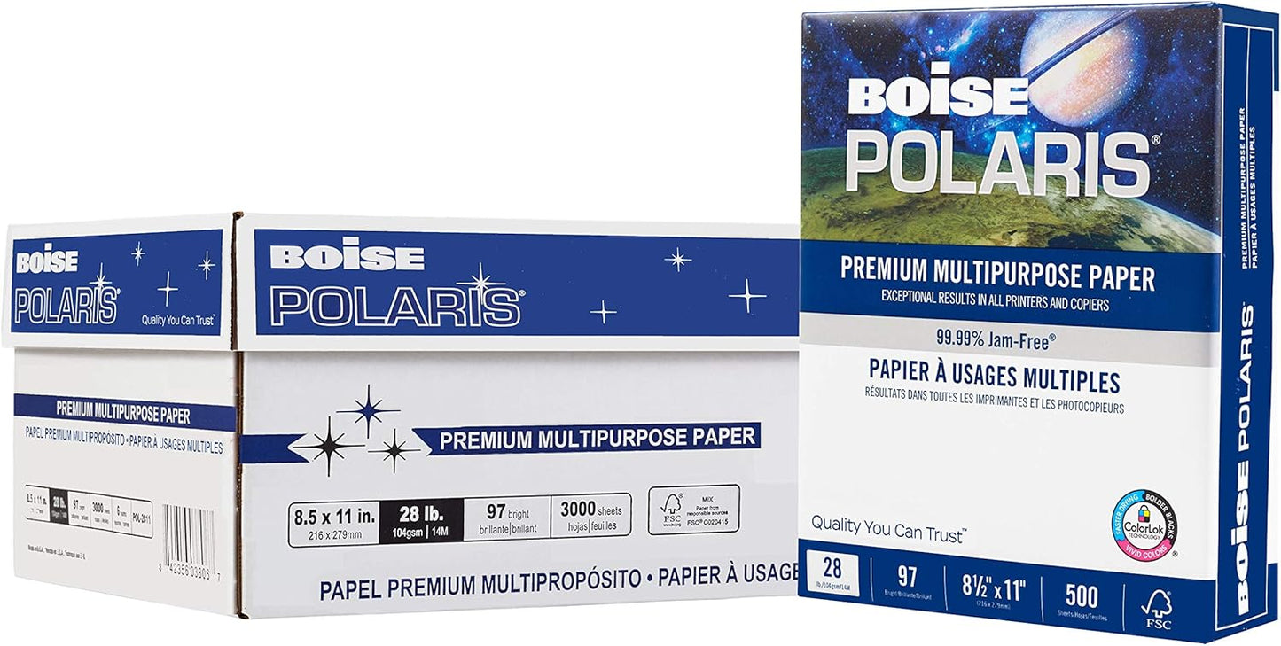 Boise Paper Premium Multipurpose Copy Paper | 8.5" x 11" Letter | 97 Bright White, 24 lb. | 10 Ream Carton (5,000 Sheets)