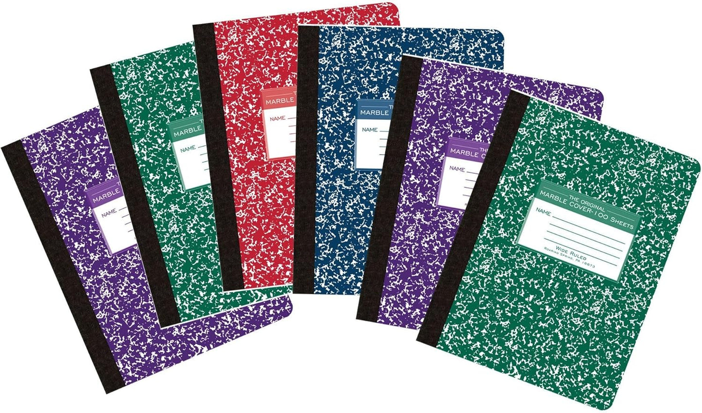 Roaring Spring Hard Cover Composition Notebook, 6 Pack, Assorted Colors Marble Comp Book, 9.75″ x 7.5″, Wide-Ruled with Margin, 100 Sheets (200 Pages)
