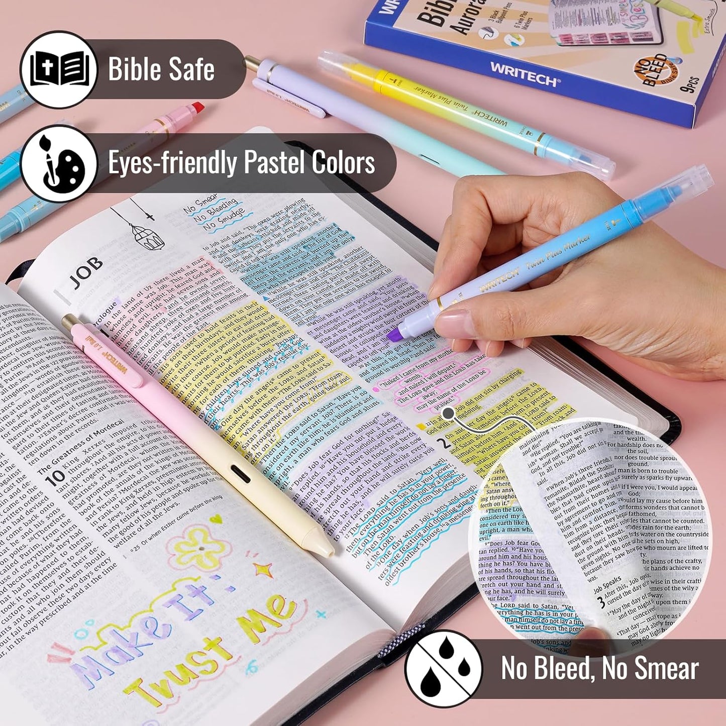 WRITECH Bible Mate Journaling Set: No Bleed Bible Highlighters & 0.7mm Black Ink Ballpoint Pens, Fast-Drying Ink, Pastel Colors Highlighter, Journaling Kit, 9ct