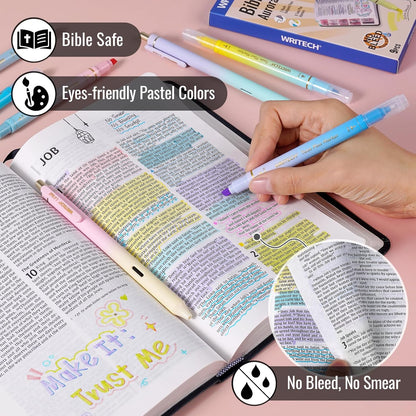 WRITECH Bible Mate Journaling Set: No Bleed Bible Highlighters & 0.7mm Black Ink Ballpoint Pens, Fast-Drying Ink, Pastel Colors Highlighter, Journaling Kit, 9ct