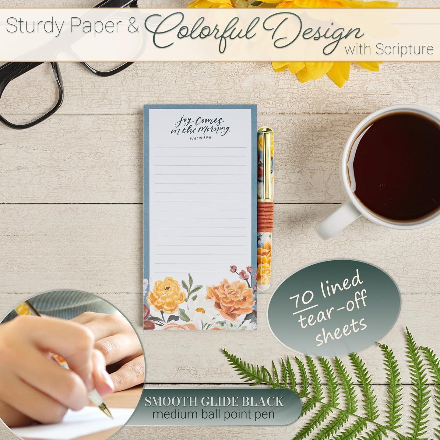 Christian Art Gifts Compact Magnetic Notepad & Medium Ballpoint Pen Set: Trust in the Lord Inspirational Scripture, Shopping Lists, Memos, Reminders, 70 Lined Easy Tear-off Sheets, Purple/Teal Floral