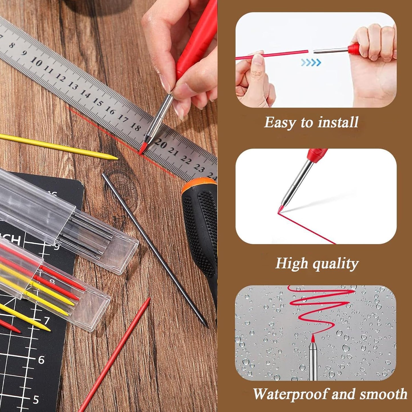 TuTuYa 36 Pencil Refill with 1 Solid Carpenter-Pencil, 2.8mm Waterproof Lead Refills Replacement, with Sharpener, Long Reach/Deep Hole/Long Nose for Architect &Carpenter Woodwork Construction Building
