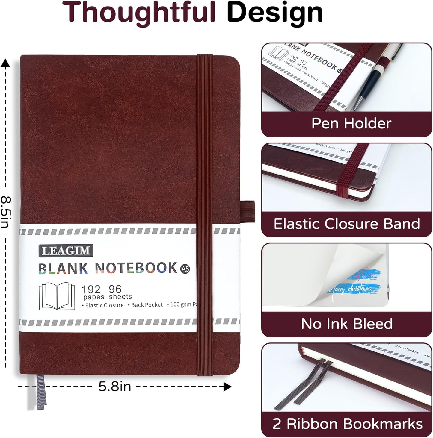 Blank Journal Notebook, A5, 192 Pages 100 GSM Thick Sketch Book for Women Men, Hardcover Leather Unlined Journaling for Work, Notebooks for Writing, 5.8 inches x 8.5 inches (Black)