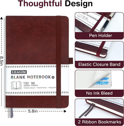 Blank Journal Notebook, A5, 192 Pages 100 GSM Thick Sketch Book for Women Men, Hardcover Leather Unlined Journaling for Work, Notebooks for Writing, 5.8 inches x 8.5 inches (Black)