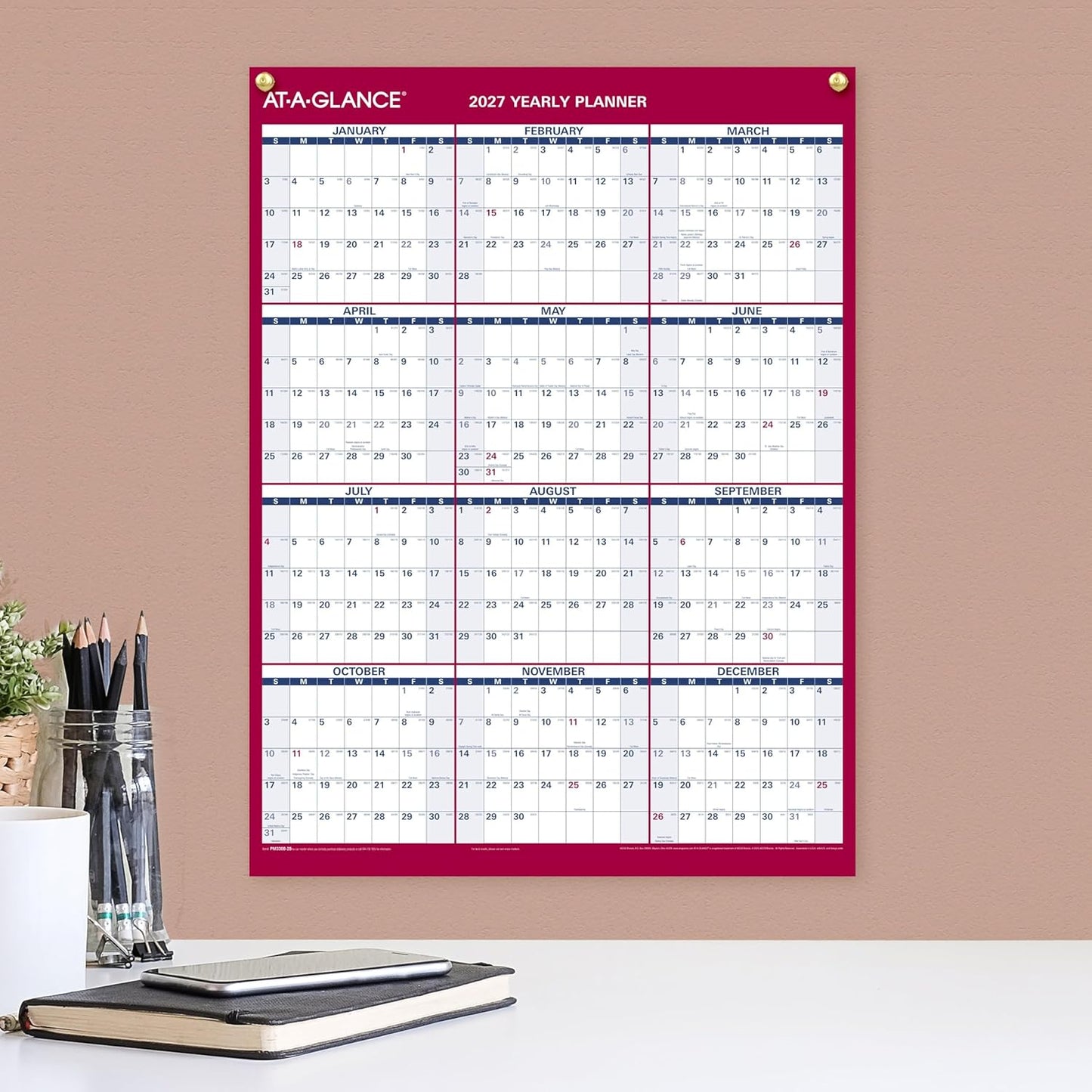 AT-A-GLANCE 2026 Erasable Calendar, Dry Erase Wall Planner, 12" x 16", Small, Vertical-Horizontal, Reversible, Compact (PM330B2826)