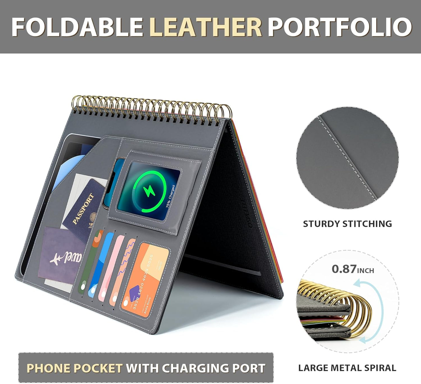 Ospelelf Clipboard with Storage for Women, Leather Padfolio Portfolio Organizer 5 Folders with 10 Pockets, Spiral Clipboard Folio with Notepad for Letter Size, Elastic Closure and Pen Loop Floral