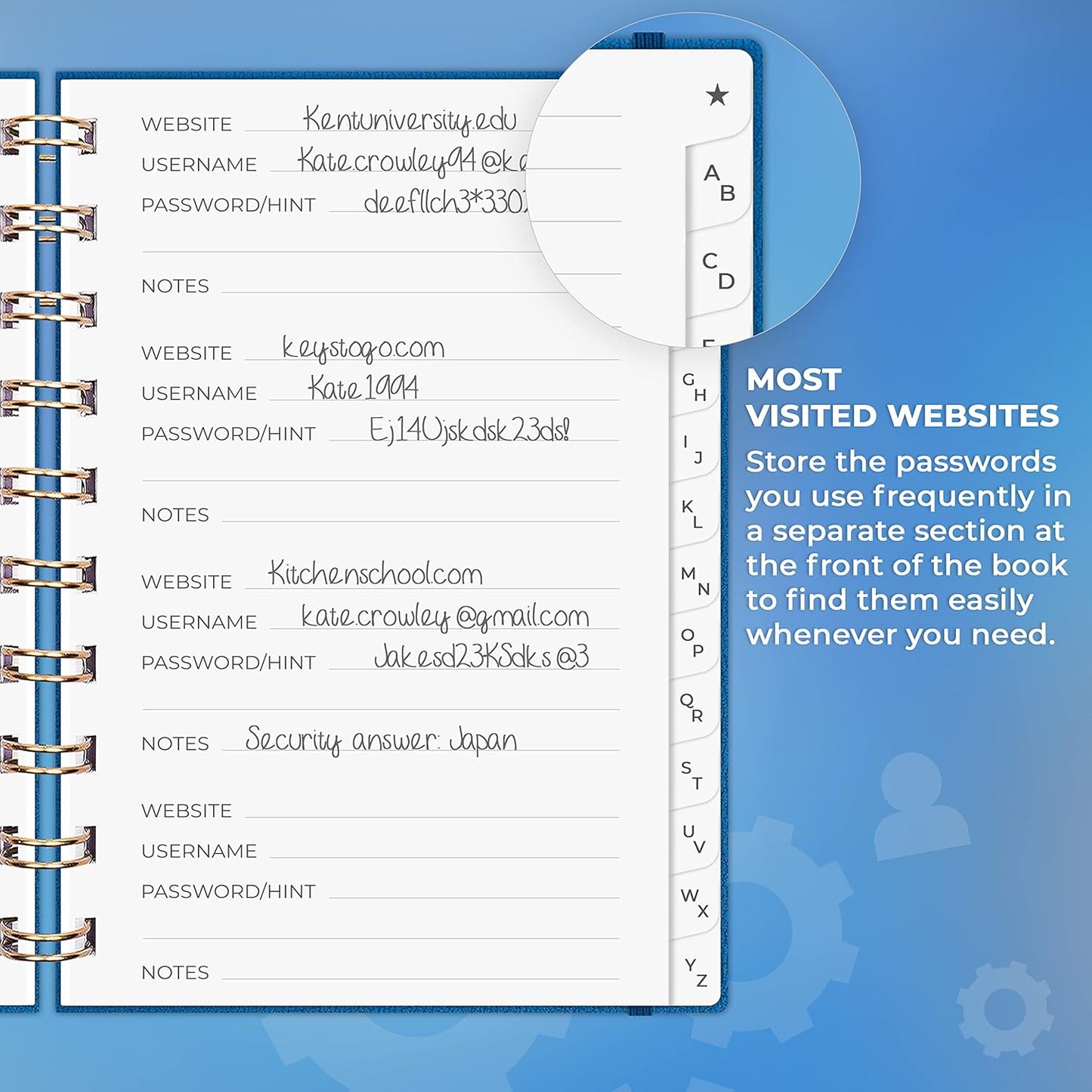 Clever Fox Password Book Spiral – Internet Address & Password Organizer with Laminated Alphabetical Tabs – Password Keeper Journal – Hardcover, Medium Size, 6.1x7.7” (Mystic Blue)