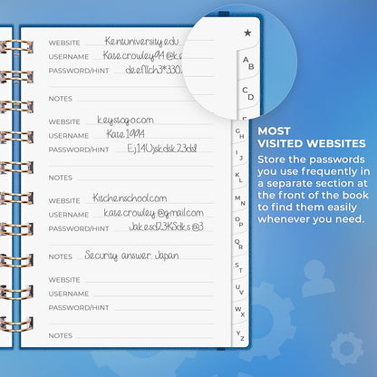 Clever Fox Password Book Spiral – Internet Address & Password Organizer with Laminated Alphabetical Tabs – Password Keeper Journal – Hardcover, Medium Size, 6.1x7.7” (Mystic Blue)
