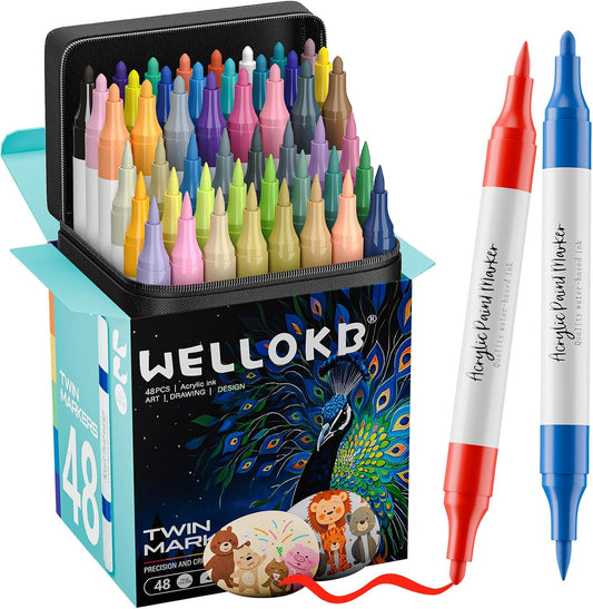 WELLOKB 80 Colors Dual Tip Acrylic Paint Markers, Fabric Markers, Brush Tip Permanent Acrylic Paint Pens for Wood, Glass, Rocks, Paper, Coloring book,Ceramic,DIY Crafts for Adults (120, Brush&Fine)