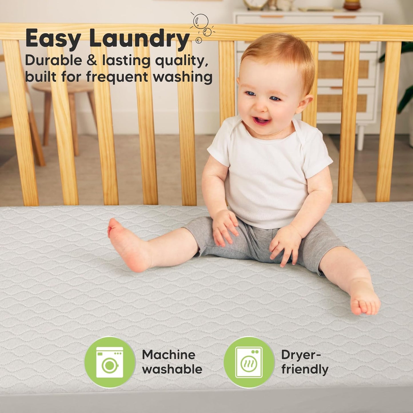 2-Pack Waterproof Crib Mattress Protector Cover Fitted - Quiet Baby Crib Mattress Pad Sheets, 52" x 28" Soft Quilted Cotton Baby Sheet, Machine Washable, Easy Fit, Durable (Soft White/Mavy)