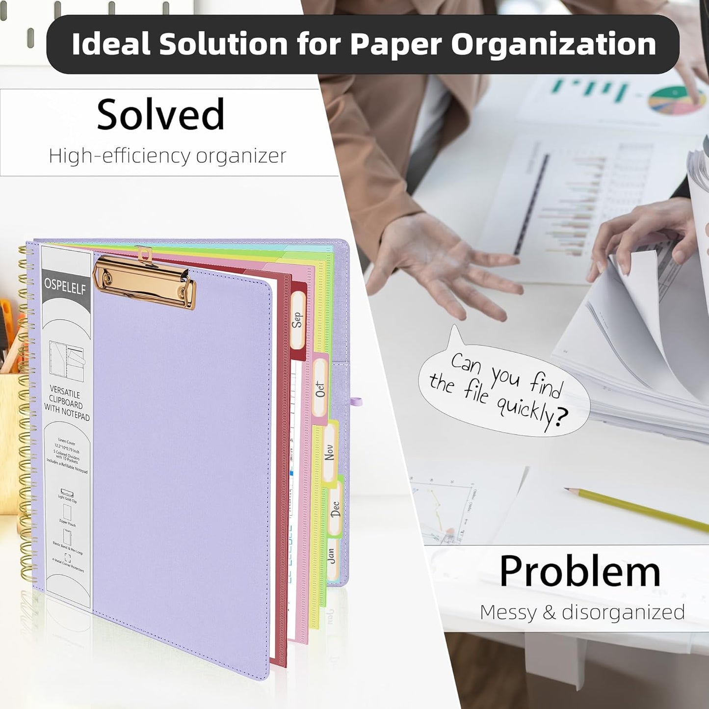 Ospelelf Foldable Spiral Clipboard Folio with Storage Zipper Pouch, 5 Plastic Folders with 10 Pockets,Refillable Lined Notepad (11" x 8.5"), Hardcover Project Organizer with 39 Stickers (Purple)