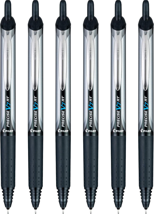 Pilot Precise V7 RT Refillable & Retractable Liquid Ink Rollerball Pens, Black Ink Pens, Fine Point (0.7 mm), 6-Pack - Ideal for School, Journaling, and Office Writing