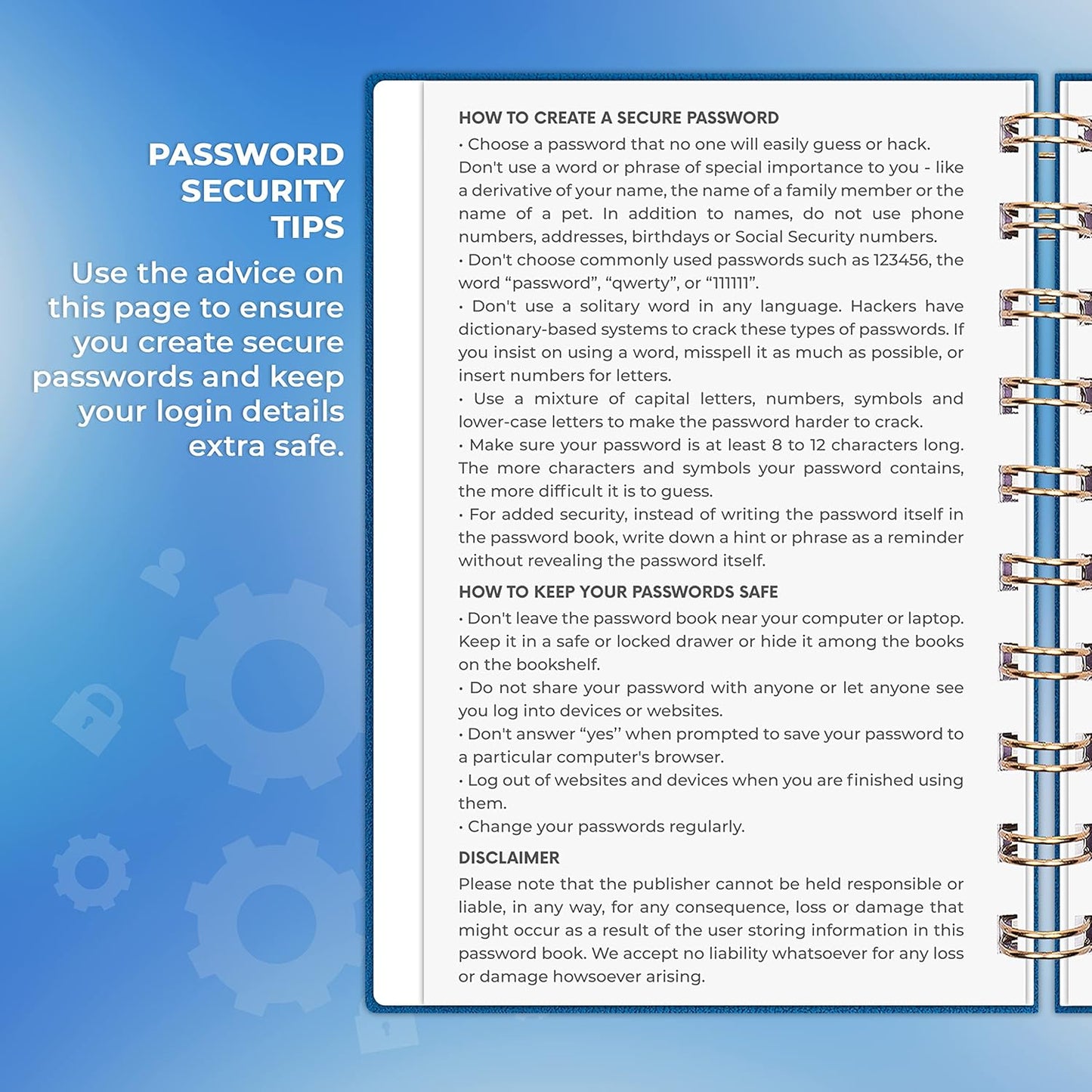Clever Fox Password Book Spiral – Internet Address & Password Organizer with Laminated Alphabetical Tabs – Password Keeper Journal – Hardcover, Medium Size, 6.1x7.7” (Mystic Blue)
