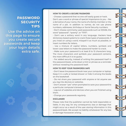 Clever Fox Password Book Spiral – Internet Address & Password Organizer with Laminated Alphabetical Tabs – Password Keeper Journal – Hardcover, Medium Size, 6.1x7.7” (Mystic Blue)
