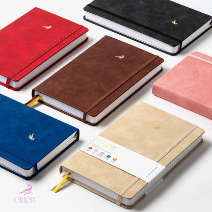 Oriole Vegan Leather Ruled Notebook - Chestnut Brown | 176 Pages of Thick Lined Paper | Soft Touch Hardcover Journal (5 x 8 in) with Gold Foil Bird Design & Luxury Gift Box