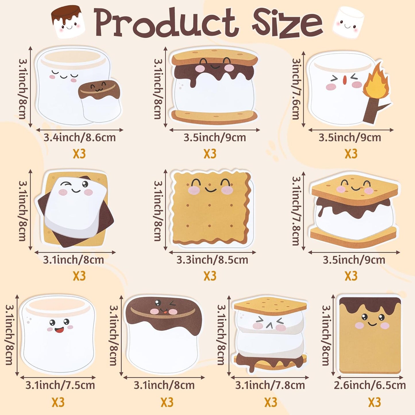 CJiangpo 30Pcs Marshmallow Sticky Notes Pads, 600 Sheets Cute Self Stick Notepad Memo Pads Funny Cartoon Page Marker Classroom Rewards Camping Themed Gift