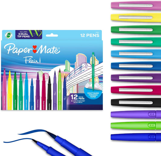 Paper Mate Flair Felt Tip Pens Variety Pack, Features Medium Point and DUAL Brush Pens, Assorted, 12 Count