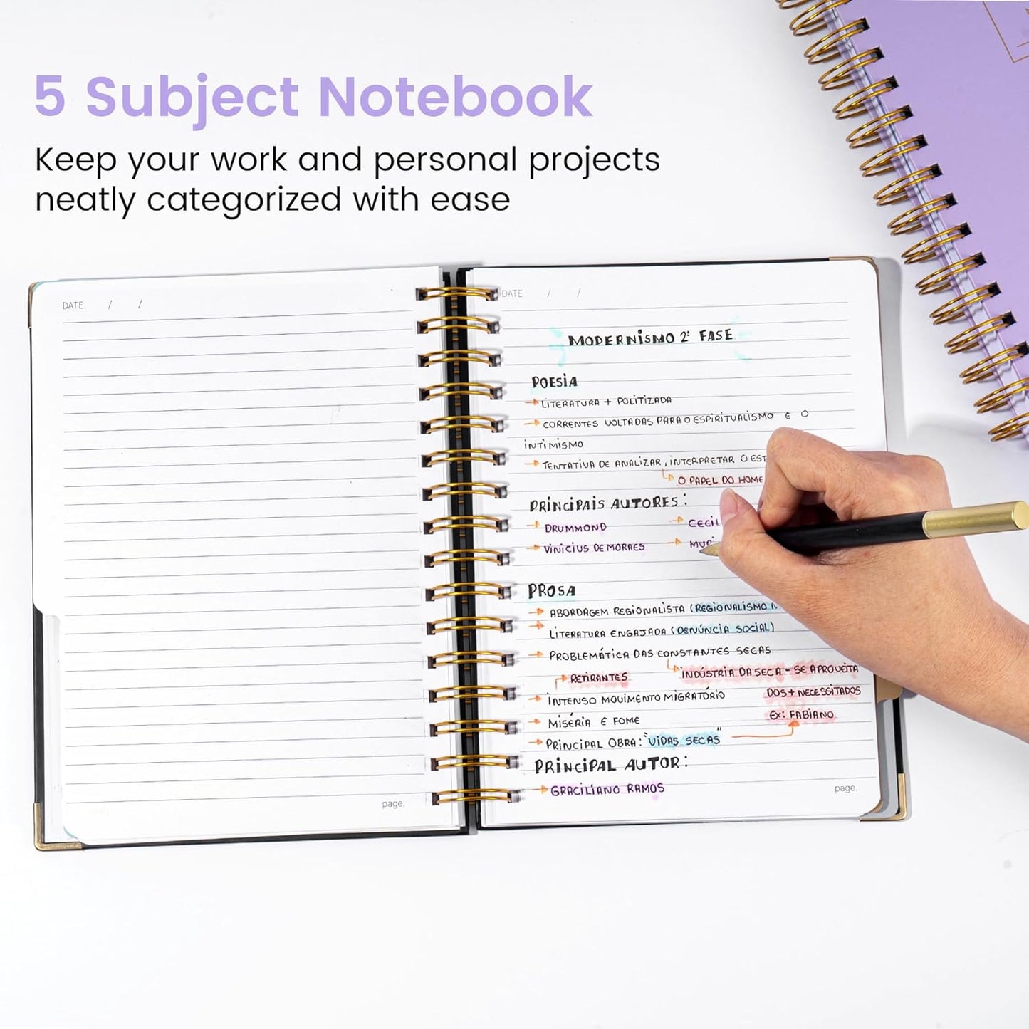 Hardcover Spiral Notebook with Tabs 8"x10" Large Spiral Lined Journals for Women with Dividers 240 Pages College Ruled Composition Notebook 5 Subject Notebook for Work, Back to School, Gifts, Purple