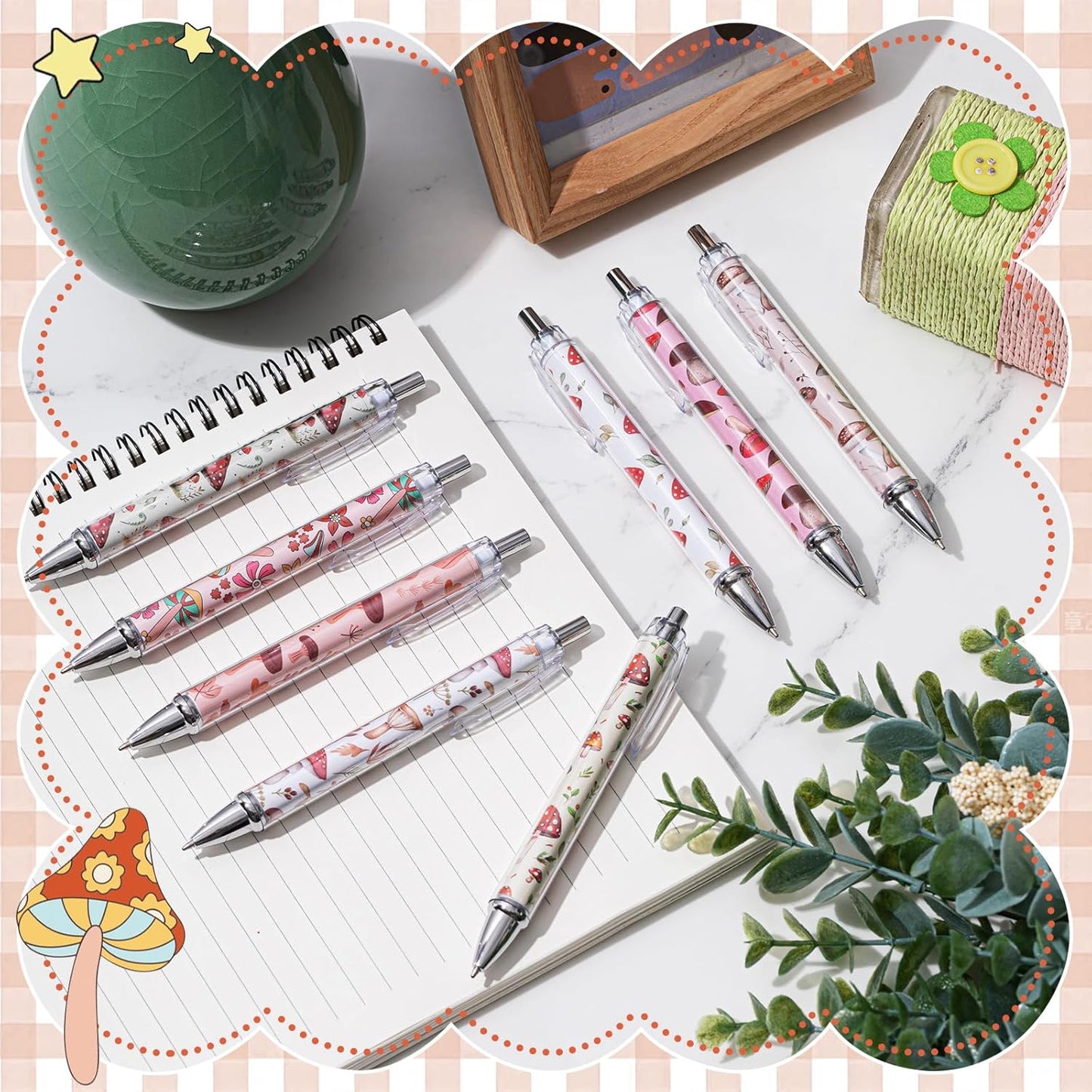 Ireer 8 Pcs Ballpoint Pens for Women 1.00 mm Cute Black Ink Pens Fine Point Smooth Writing for Journaling Aesthetic Office Supplies (Mahjong)