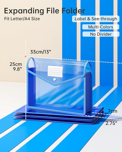 2 Pack Plastic Expanding File Folder, Transparent envelopes with Snap Closure, Fit Letter/A4 Size for School/Office/Home/Hospital, No Dividers, Large Capacity（Blue）