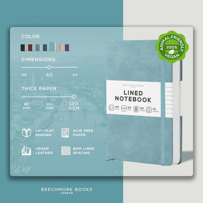 BEECHMORE BOOKS Large Lined Journal Notebook, 8.5" x 11.5" (A4) Hardcover Vegan Leather Executive Diary for Work, Thick 120gsm Paper, Lay-Flat Binding, Gift Box