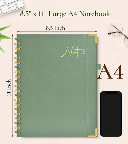 Hardcover Spiral Notebook Journal 8.5” x 11”, A4 Large Leather Notebooks for Women Men, Lined College Ruled Notebook, 50 Sheets/100 Pages, Spiral Bound Journals for Work School Note Taking, Green