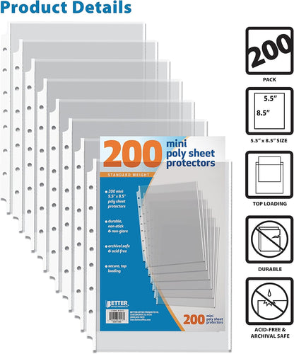 Better Office Products 200 Count Mini Poly Sheet Protectors, Standard Weight, Diamond Clear, 5.5" x 8.5", 200 Pack