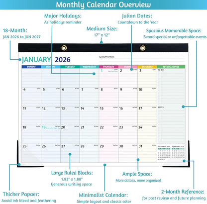 2026-2027 Desk Calendar – Run Now to MAR. 2027, 18 Monthly Desk Calendar 2026-2027 Large, 17'' x 12'', Best Desk/Wall Calendar 2026 with To-do Lists, Desk Pad, Ruled Blocks, Corner Protectors