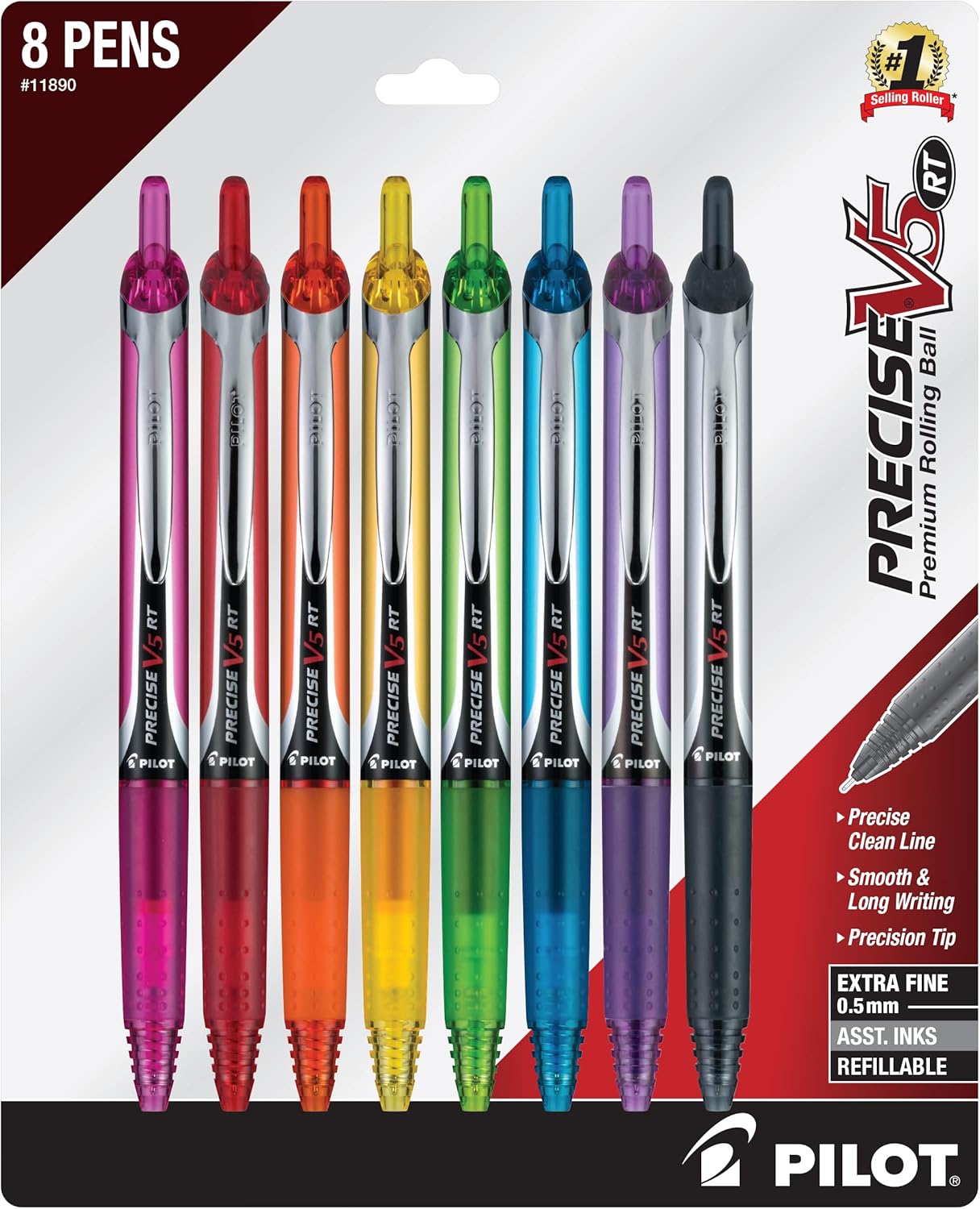 PILOT Precise V5 RT Extra-Fine Premium Retractable Rolling Ball Pens, 0.5mm, Assorted Colors, 8 Count (11890)