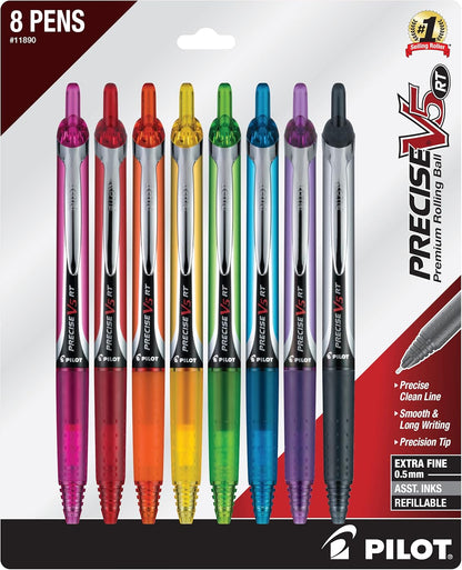 PILOT Precise V5 RT Extra-Fine Premium Retractable Rolling Ball Pens, 0.5mm, Assorted Colors, 8 Count (11890)