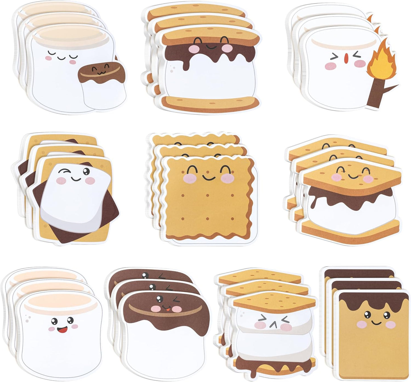 CJiangpo 30Pcs Marshmallow Sticky Notes Pads, 600 Sheets Cute Self Stick Notepad Memo Pads Funny Cartoon Page Marker Classroom Rewards Camping Themed Gift