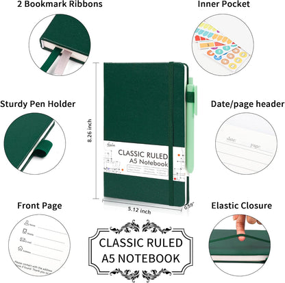 feela College Ruled Notebooks, 24 Pack Business Notebook Hardcover Lined Writing Journal with Pen Holder for Men Women Note Taking, with 24 Black Pens, 120 GSM, 5.1”x8.3”, A5, White