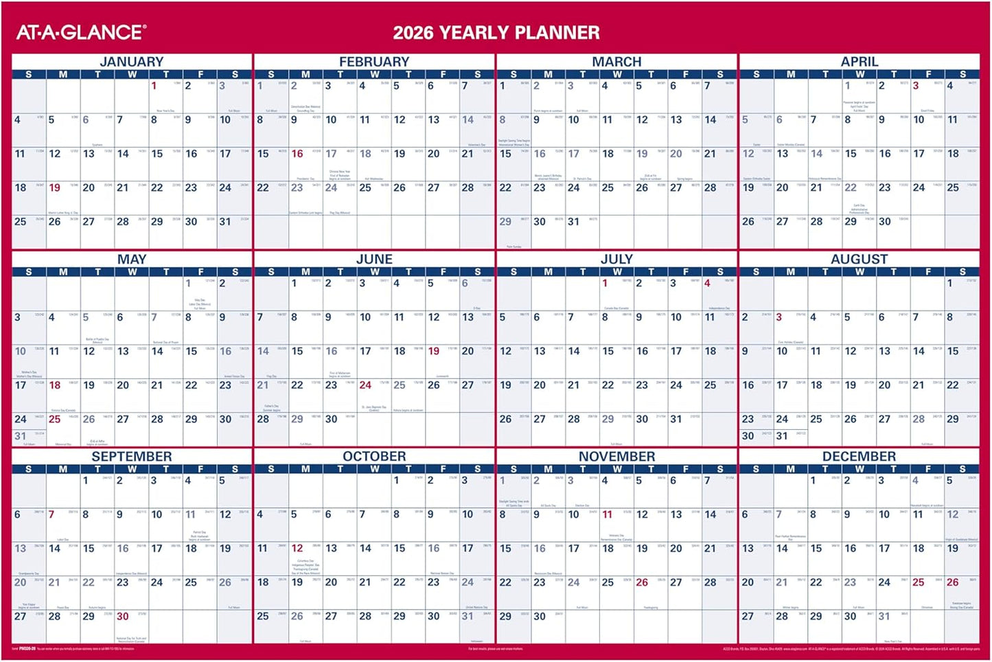 AT-A-GLANCE 2026 Erasable Calendar, Dry Erase Wall Planner, 12" x 16", Small, Vertical-Horizontal, Reversible, Compact (PM330B2826)