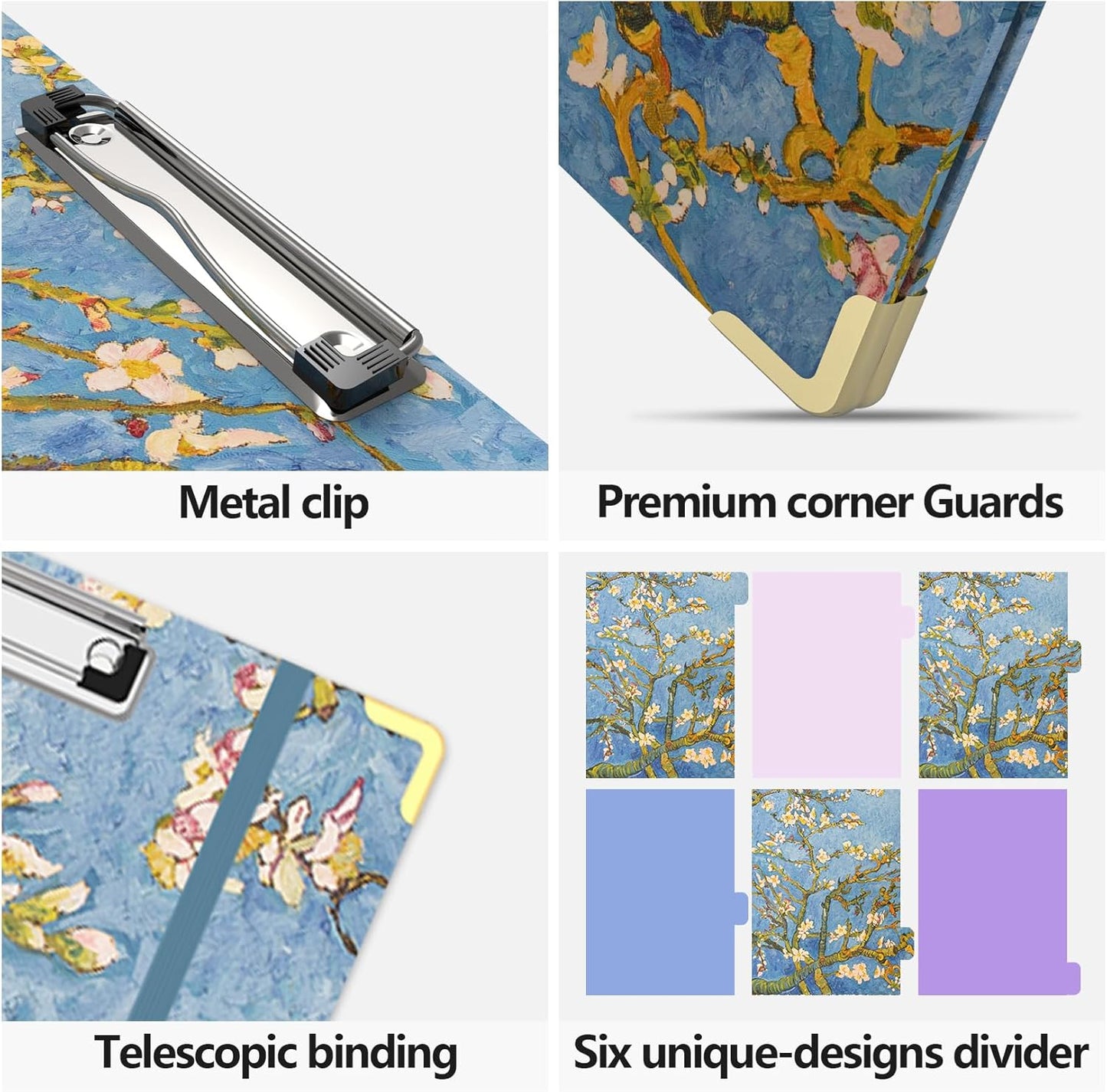 3 Ring Binder 2 Inch Round Ring Binder with 6 Tab Dividers，2 Interior Pockets，Cute Binder Clipboard with Storage, for School Office, Portfolio(Almond Tree)