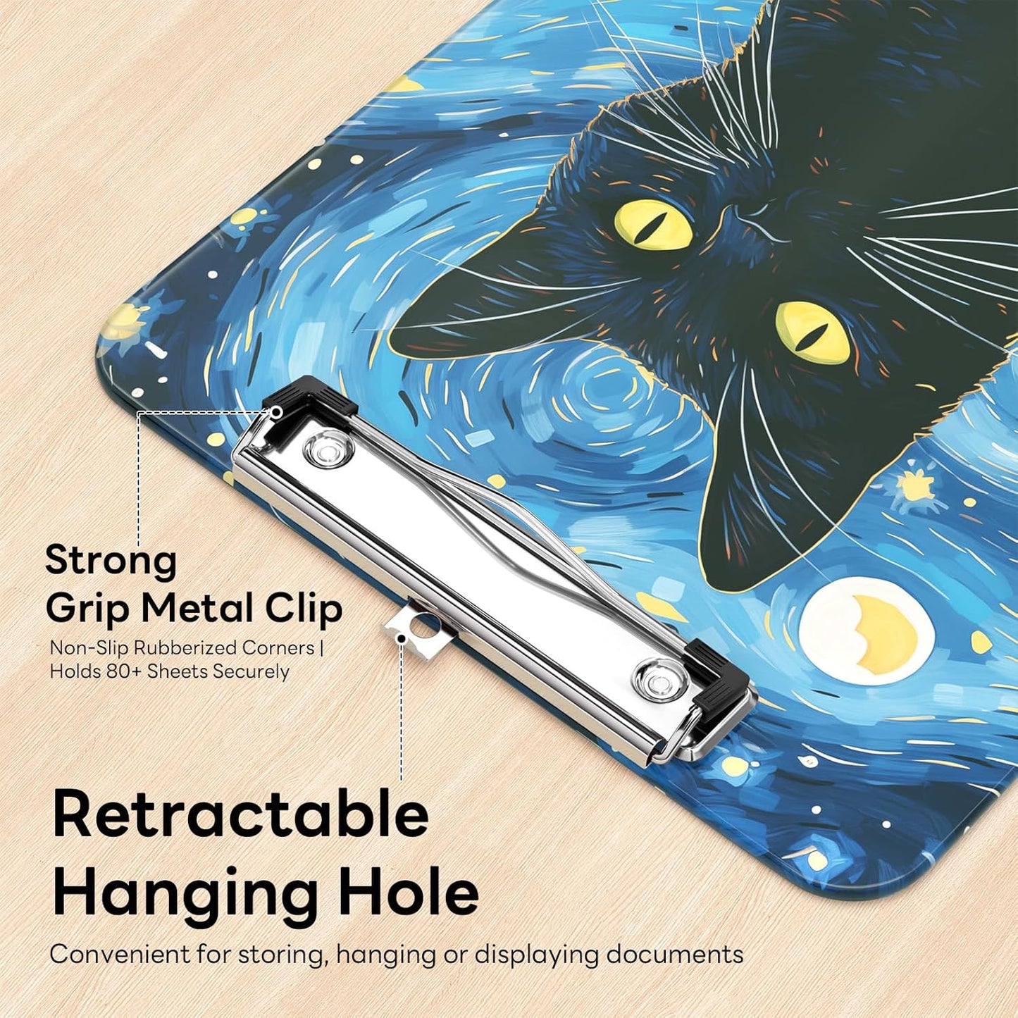 Plastic Cute Clipboard Low-Profile Metal Clip, A4 Letter Size 9 x 12.5 in, 8.5 x 11 Paper Clip Board for Teachers, Nurses, Classroom,Cute Black Cats